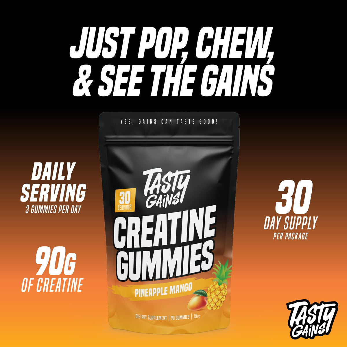 TASTY GAINS Creatine Gummies - 90g of Creatine Monohydrate - Workout Supplements - Build Muscle & Boost Strength for Men & Women - Made in USA - Non GMO - (Large, Strawberry Creamsicle Flavor)