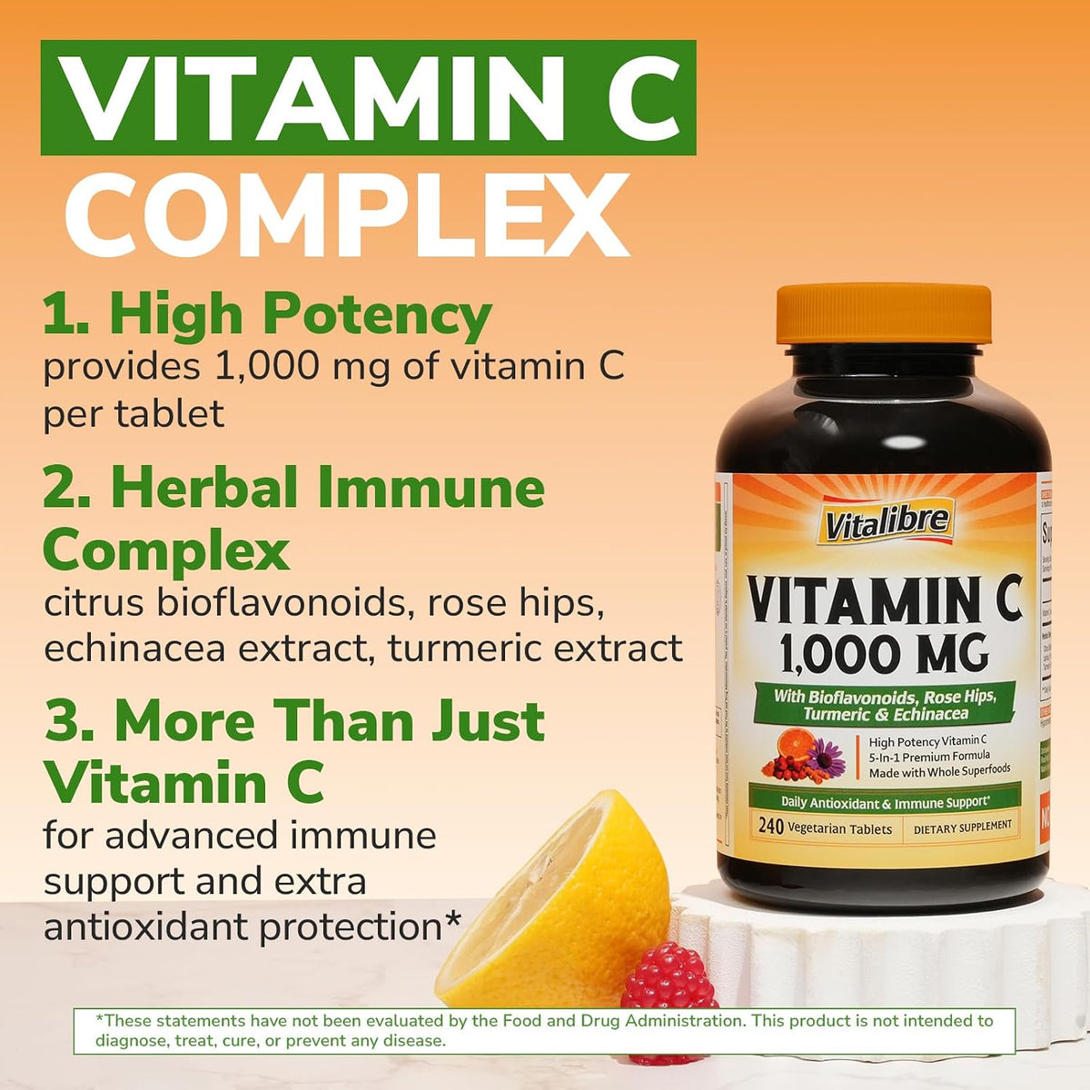 Vitalibre Vitamin C 1000mg, with Citrus Bioflavonoids, Rose Hips, Echinacea & Turmeric, Immune Support, Antioxidant Protection, Collagen Production, 240 Vegan Tabs