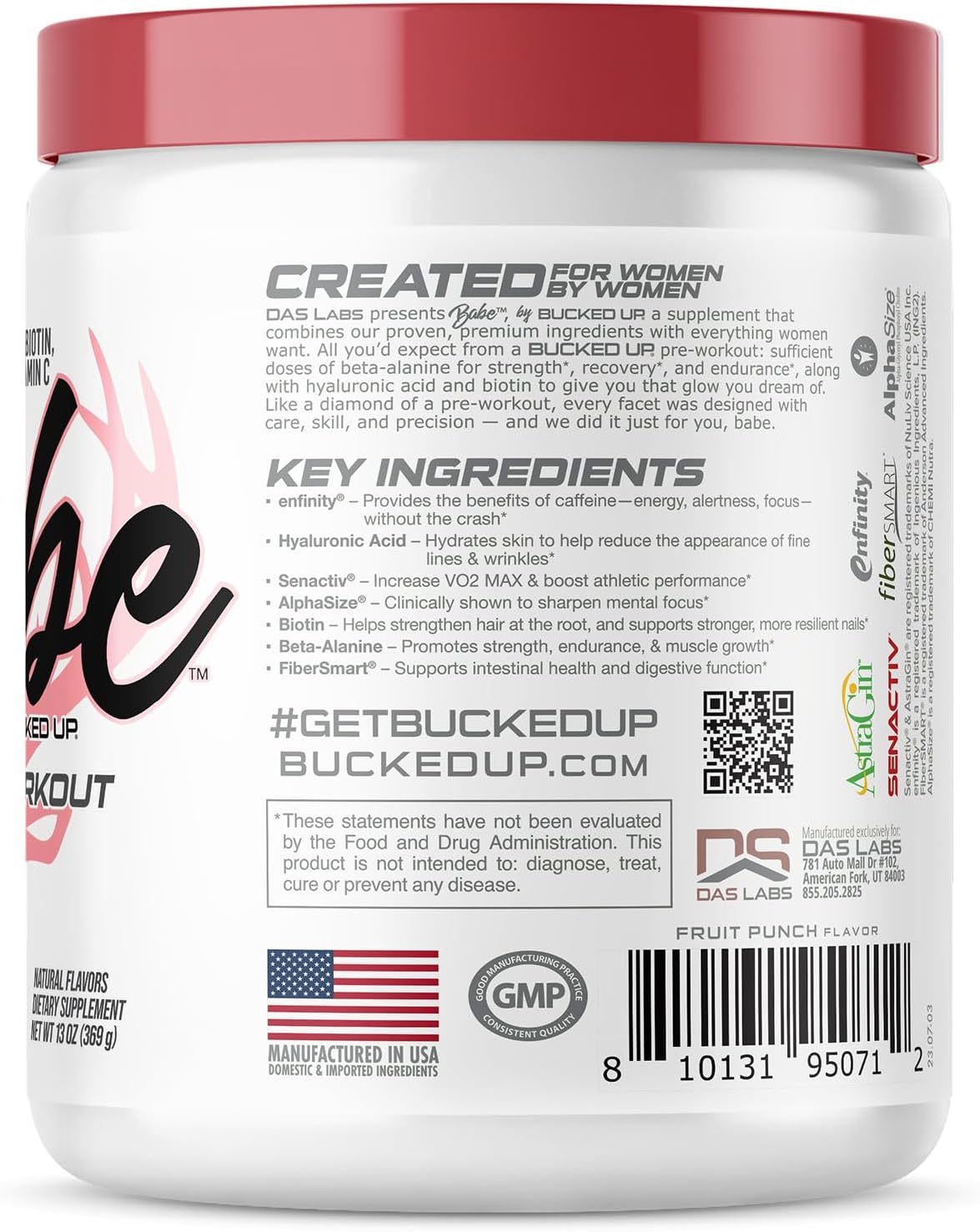 Bucked Up Babe Pre Workout Powder for Women | Fruit Punch | 6g Citrulline, 2g Beta-Alanine, 100mg Hyaluronic Acid, 5mg Biotin and 5 Other Registered trademarked Ingredients | 30 Servings | 13 OZ