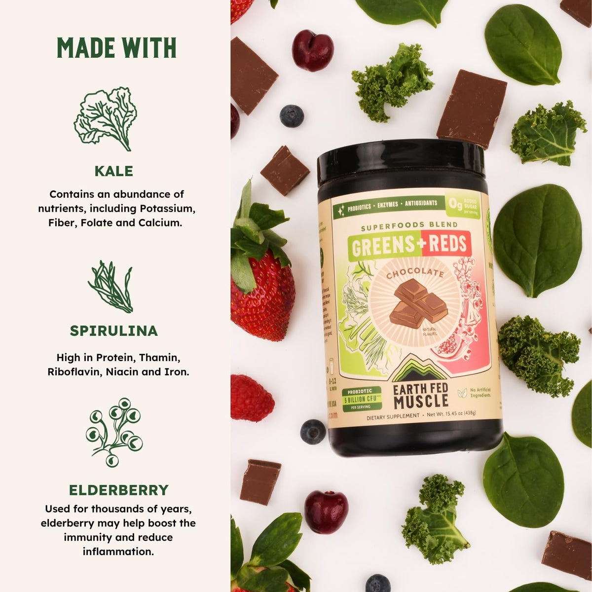 Earth Fed Muscle Greens and Reds Superfoods Blend, Piña Colada – Kale, Spirulina, Wheatgrass & Elderberry – Antioxidant Support, Vitamins & Probiotics – No Artificial Ingredients – 30 Servings | Kale, Spirulina, Wheatgrass & Elderberry, Antioxidant Suppor