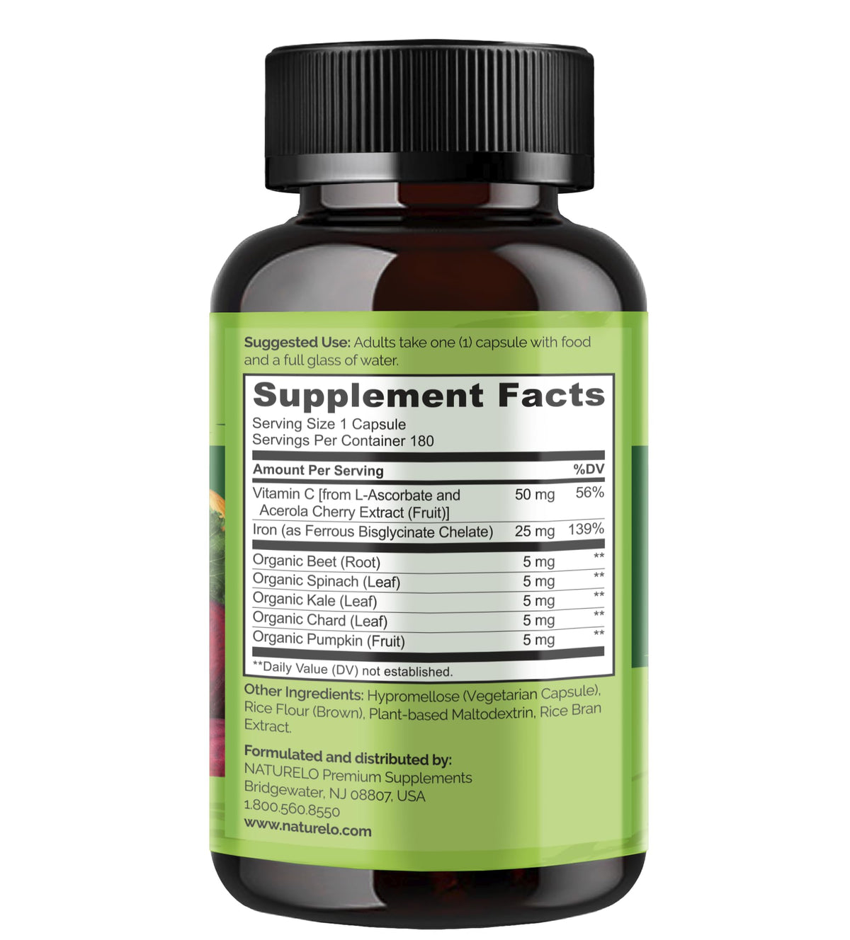NATURELO Vegan Iron Supplement with Vitamin C and Organic Whole Foods - Gentle Iron Pills for Women & Men with Iron Deficiency Including Pregnancy, Anemia and Vegan Diets - 90 Mini Capsules
