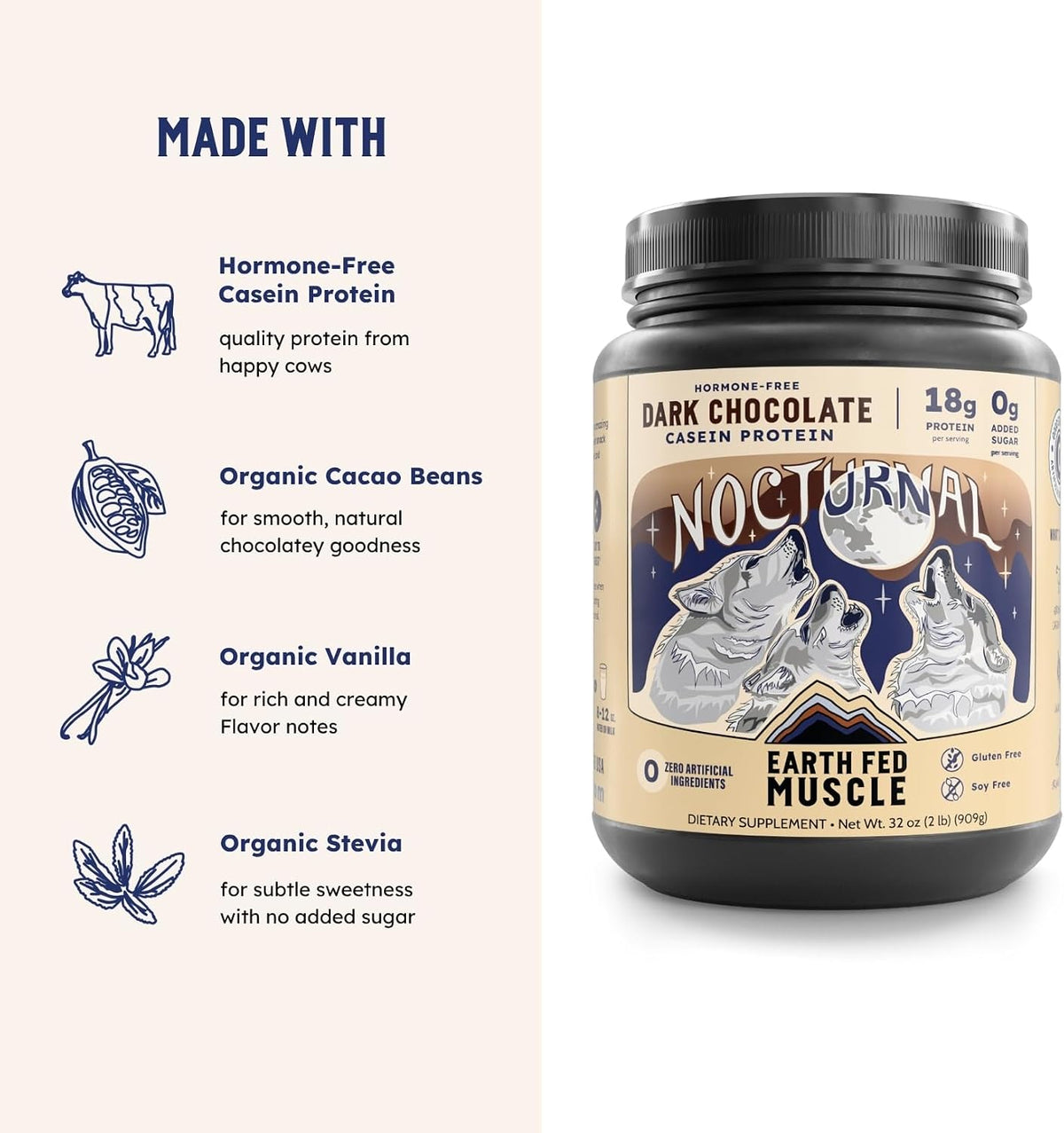 Earth Fed Muscle Nocturnal Casein Protein, Dark Chocolate, 23 Servings | Slow-digesting micellar casein & whey blend, 18g protein, sugar free. Ideal nighttime shake for overnight muscle recovery.