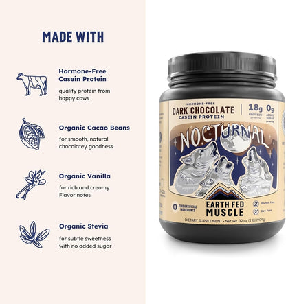 Earth Fed Muscle Nocturnal Casein Protein, Dark Chocolate, 23 Servings | Slow-digesting micellar casein & whey blend, 18g protein, sugar free. Ideal nighttime shake for overnight muscle recovery.