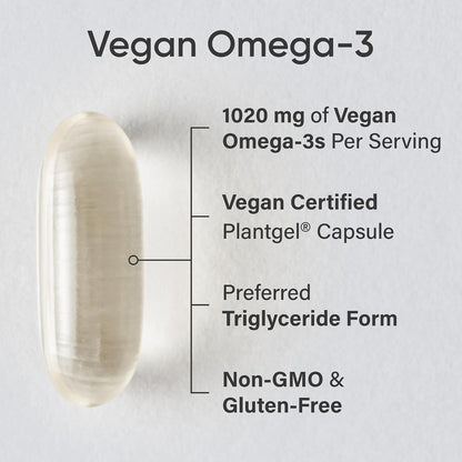 Sports Research Vegan Omega-3 Fish Oil Alternative from Algae Oil - Highest Levels of Vegan DHA & EPA Fatty Acids | Non-GMO Tested & Vegan Certified - 60 Veggie Softgels (Carrageenan Free)