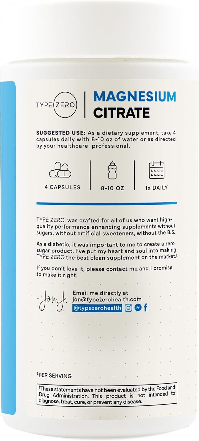Type Zero Clean Magnesium Citrate (420mg) 200 Capsules, Gluten-Free | Pure Magnesium Citrate Supplement, GMO-Free, 50 Servings