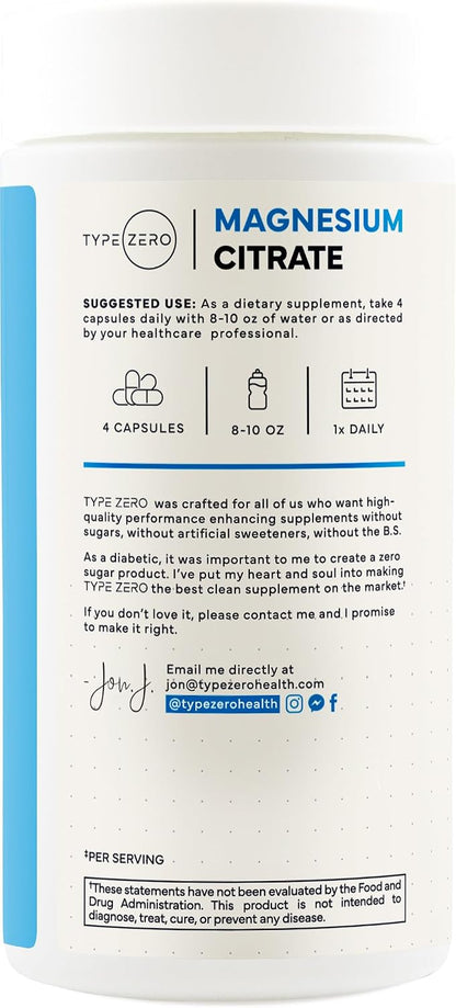 Type Zero Clean Magnesium Citrate (420mg) 200 Capsules, Gluten-Free | Pure Magnesium Citrate Supplement, GMO-Free, 50 Servings