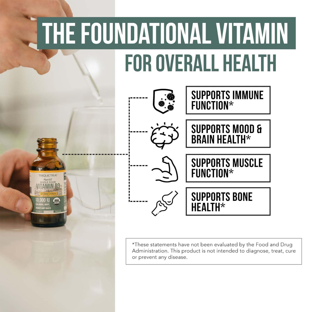 Organic Vitamin D3 10,000 IU - Plant D3, Vegan, Max Strength Sublingual Liquid D3 Drops - 200% Higher Absorption, 100% Plant-Based Cholecalciferol Form & Vegan D3, Adjustable Dosing (30 Servings)
