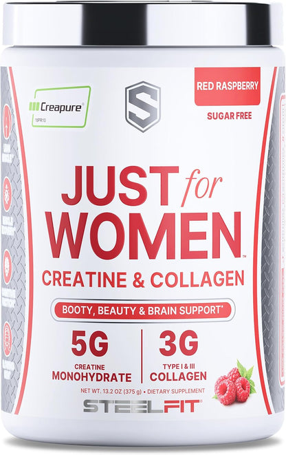 SteelFit Just for Women, Creatine Monohydrate & Collagen Peptides Powder | 5g Creapure Creatine & 3g Grass-Fed Collagen - Lean Muscle Growth & Healthy Hair, Skin, & Nails - Red Raspberry, 30 Servings
