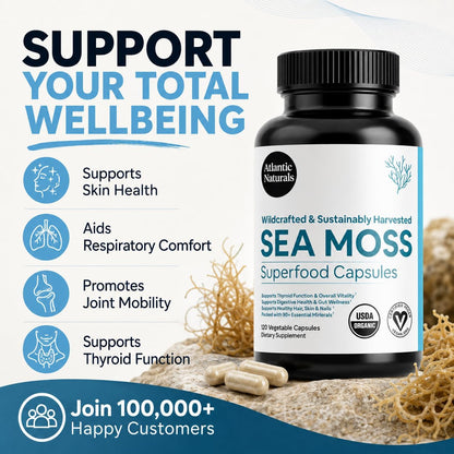 Superfood Organic Irish Sea Moss Capsules - 120 Veggie Capsules | Wildcrafted Organic Sea Moss Supplement for Men & Women | Better Than Sea Moss Gel | Support Immunity & Skin, 1000mg