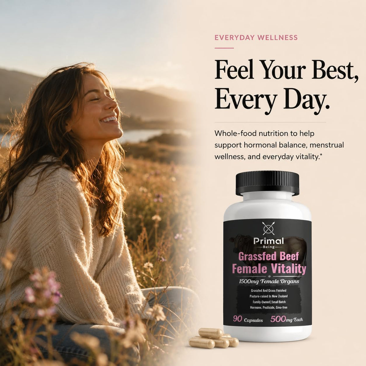 Primal Being Grassfed Beef Female Vitality Supplement- Supports Hormonal Health, Fertility, Inflammation, Energy - 90 Capsules, 1500mg per Serving