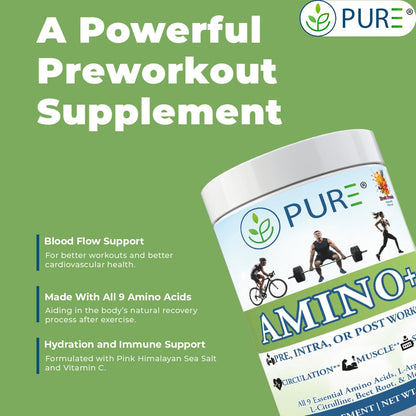PURE® Amino+ Essential Amino Acids Powder - 30 Servings, 500g - Full Spectrum EAA with L-Arginine, L-Citrulline & Beet Root - Muscle Recovery & Hydration Drink - Fruit Punch Flavor, Made in USA