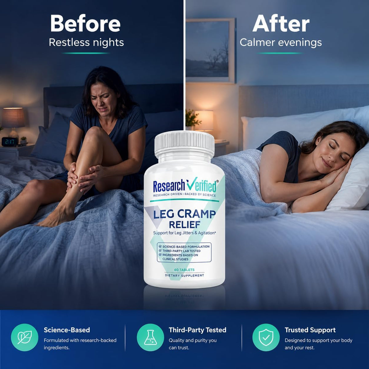 Research Verified Leg Cramps - Magnesium, B Vitamins, Ginger, Chamomile, BioPerine - Circulation Support - Vegan - 1 Month Supply