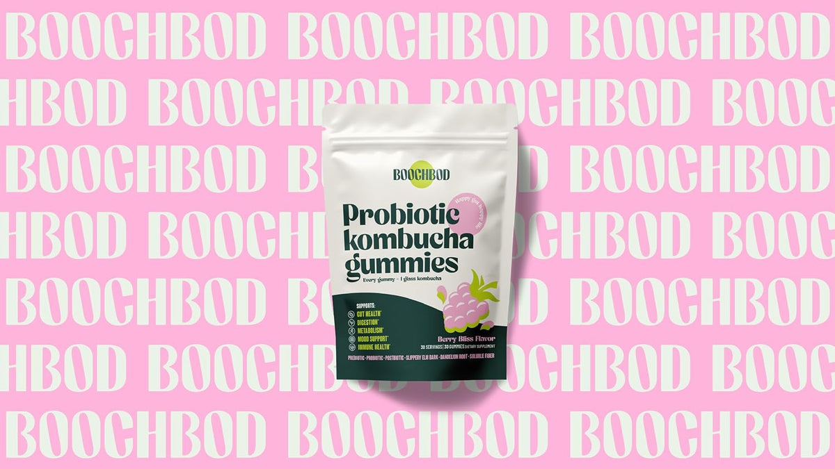 BoochBod - Probiotic Kombucha Gummy - Prebiotics, Probiotics, Postbiotics, Fiber Supplement, Slippery Elm, Dandelion Root, for Bloating, Gut Health - for Women and Men - 4X Bundle & Save