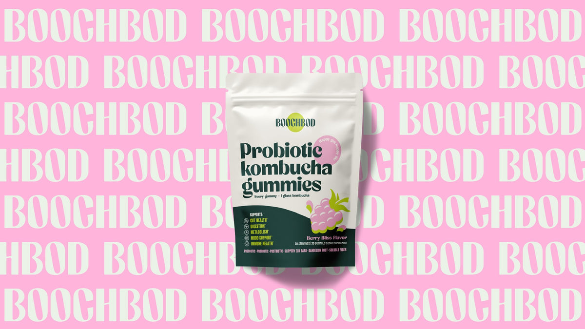 BoochBod - Probiotic Kombucha Gummy - Prebiotics, Probiotics, Postbiotics, Fiber Supplement, Slippery Elm, Dandelion Root
