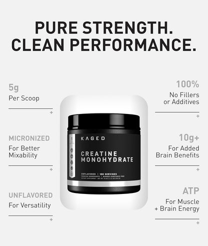 Kaged Creatine Monohydrate Micronized Powder | Unflavored | Muscle Building & Recovery | 5000 mg Per Serving | Vegan, Gluten Free, Easily Digestible | Supplements for Men & Women | 100 Servings