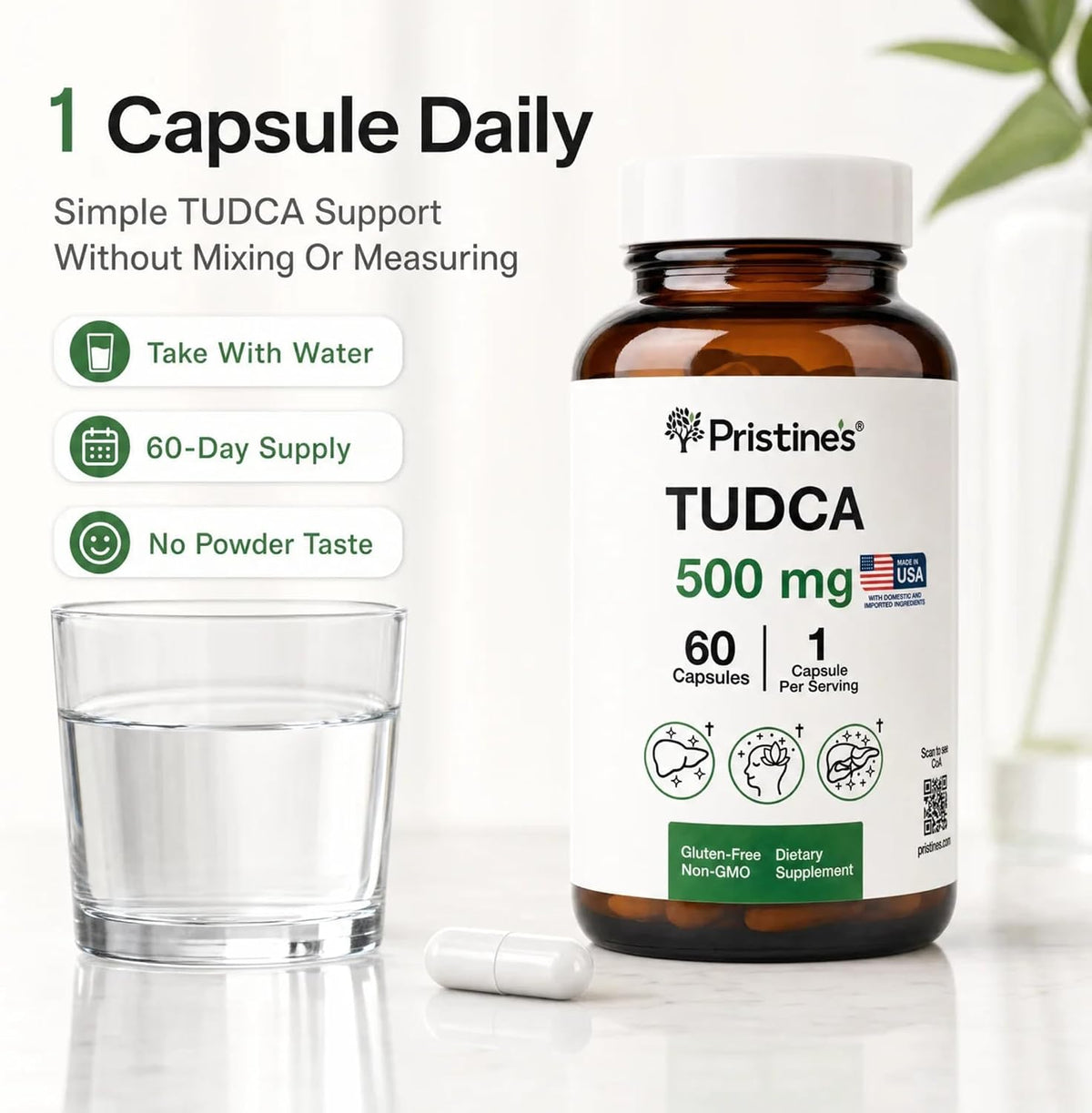 PRISTINE'S TUDCA 500mg Liver & Bile Flow Support Capsules, 60 Day Supply | Tauroursodeoxycholic acid formula for liver, bile flow and digestive support. Vegan, non-GMO, gluten-free glass bottle