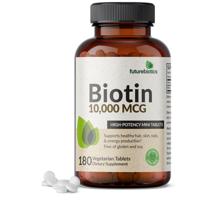 Futurebiotics Biotin 10,000 MCG High Potency Tablets Supports Healthy Hair, Skin & Nails & Energy Production, Non-GMO, 180 Vegetarian Tablets