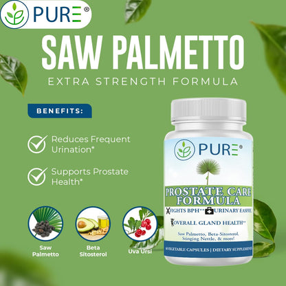 PURE® Prostate Care Formula - 60 Capsules, 30 Servings - Advanced Support for Urinary Flow & Bladder Health - Saw Palmetto, Beta-Sitosterol, Zinc & Lycopene Complex - Made in USA