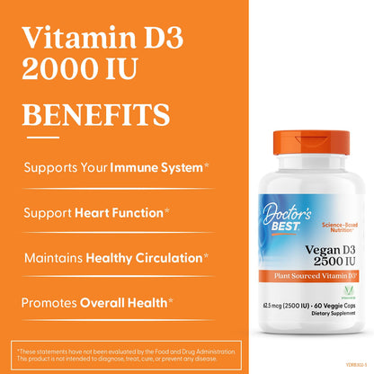 Doctors Best Vegan Vitamin D3 2500 IU Veg Caps - Vegan Vitamin D Supplement for Men & Women, Helps Support Calcium Absorption, Heart Health & Immune Support, 62.5 mcg per Serving - 60 Veggie Capsules