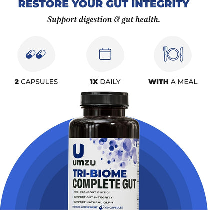 UMZU Tri-Biome Complete Probiotic Capsules, 30 Day Supply | 3-in-1 Probiotic, Prebiotic and Postbiotic Blend, Akkermansia and CoreBiome, Gut Balance, Digestive Health, Adults