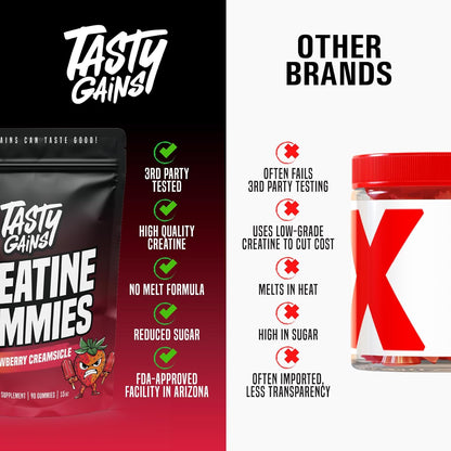 TASTY GAINS Creatine Gummies - 90g of Creatine Monohydrate - Workout Supplements - Build Muscle & Boost Strength for Men & Women - Made in USA - Non GMO - (Large, Strawberry Creamsicle Flavor)