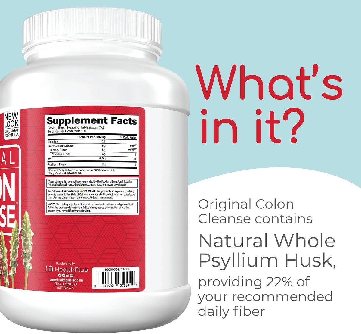 Health Plus Colon Cleanse Daily Psyllium Husk Fiber, 48 oz, 194 Servings | All-natural daily fiber; supports the body's natural detoxification processes, may reduce bloating, and promotes wellness