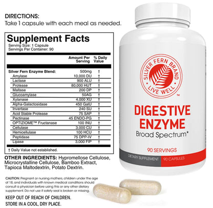 Silver Fern Brand Ultimate Digestive Enzyme Supplement 1 Bottle 90 Capsules | High Potency, Multi Enzyme - Digestive Comfort & Food Tolerance - Hemicullulase, Peptidase, Maltase, More