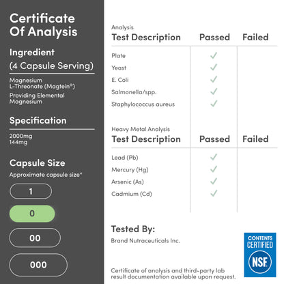 Magnesium L Threonate, Magtein - NSF Certified - Sleep and Cognitive Support – High Absorption – Most Bioavailable Form of Magnesium – 2,000 mg – 120 Capsules