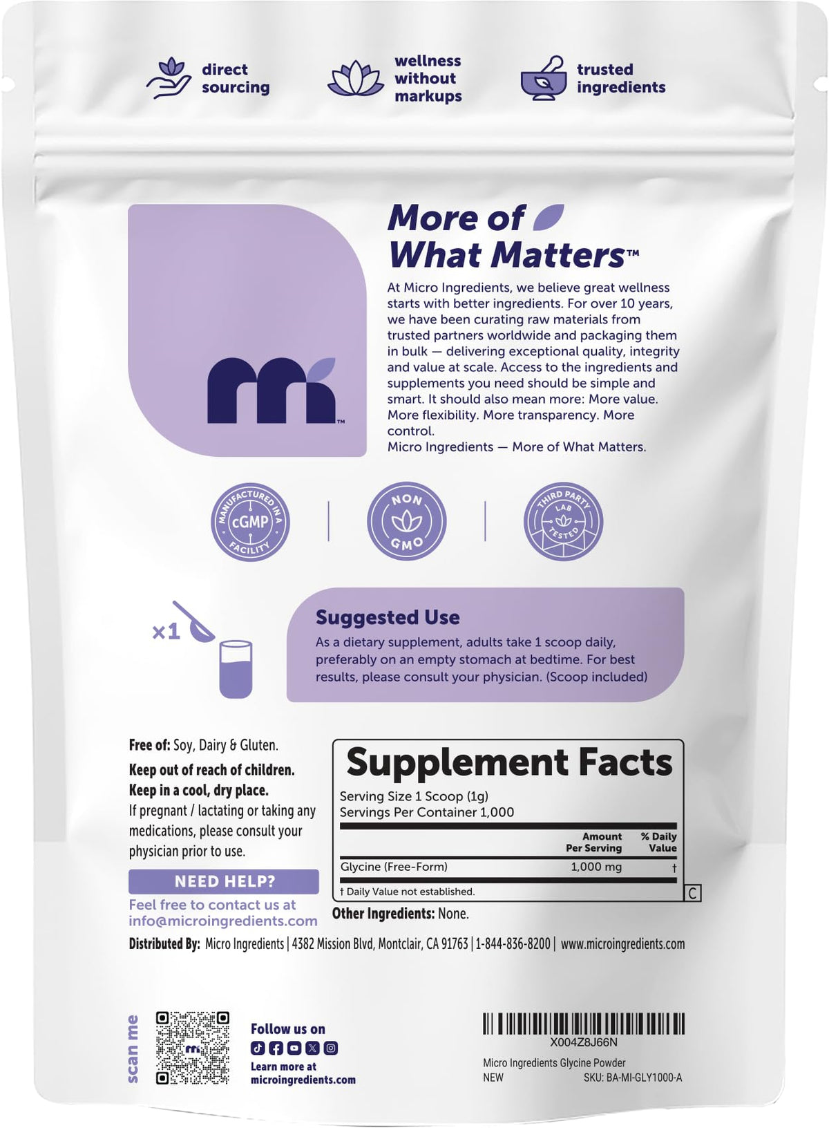 Micro Ingredients Glycine Powder, 1KG (2.2 Pounds), Glycine 1000mg Per Serving, Water Soluble and Product of USA
