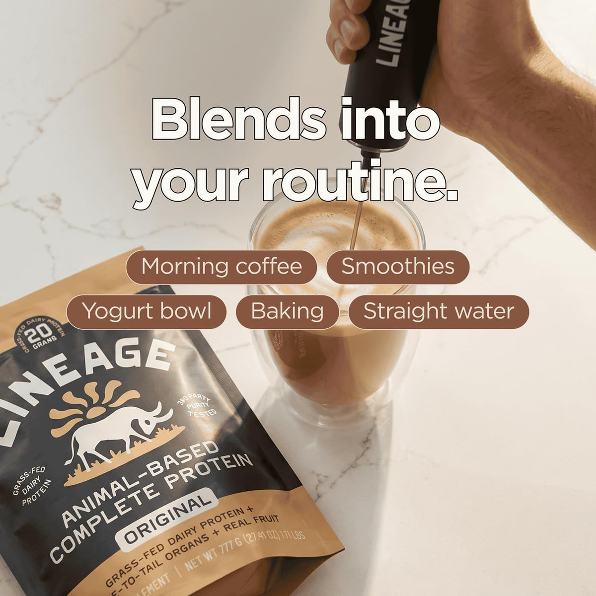 Lineage Provisions Chocolate Whey Protein Powder, 3.09 lbs | 20g complete grass-fed protein with organs, colostrum & fruit. No gums, fillers or artificial sweeteners.