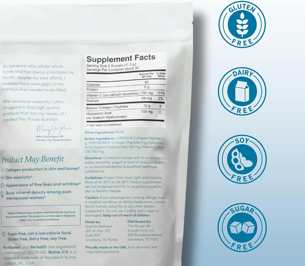 The 'Pause Life Skin & Bone Collagen Peptides + Hyaluronic Acid, 12 OZ | Verisol & Fortibone collagen peptides with hyaluronic acid & vitamin C. Gluten free. Supports skin, nails & hair health