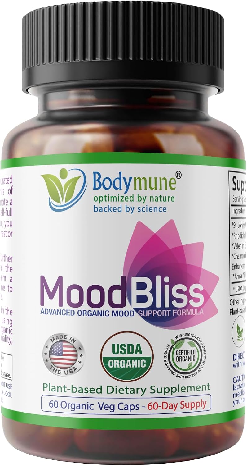 Bodymune Organic MoodBliss | Supports a Calm, Relaxed & Positive Mood* | with Ashwagandha, St. John's Wort & Lemon Balm | USDA Organic, USA-Made, Non-GMO, Gluten-Free - 60 cts.