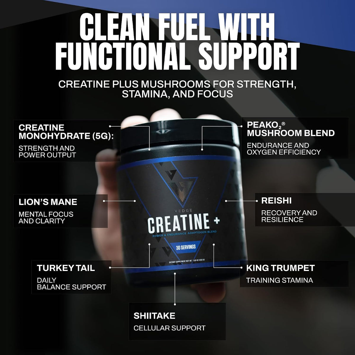 VEDGE Creatine Monohydrate, with PeakO2 Organic Mushroom Blend, 30 Servings | Creatine Monohydrate with Mushrooms, Organic Mushroom Blend With PeakO₂ Cordyceps Lion’s mane and Reishi, Unflavored