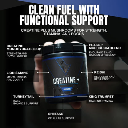 VEDGE Creatine Monohydrate, with PeakO2 Organic Mushroom Blend, 30 Servings | Creatine Monohydrate with Mushrooms, Organic Mushroom Blend With PeakO₂ Cordyceps Lion’s mane and Reishi, Unflavored
