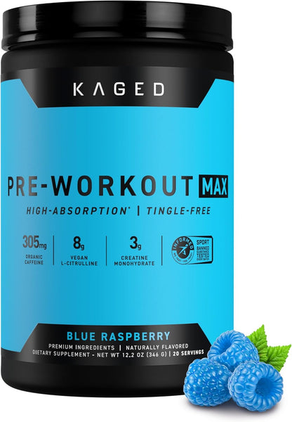 Kaged Pre Workout MAX Powder | Blue Raspberry | Tingle Free, High Stim Pre-Workout | 305 mg Caffeine, Creatine, L-Citrulline | MAXCatalyst for Absorption | Supplements for Men & Women | 20 Servings
