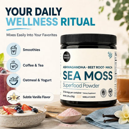Atlantic Naturals Organic Sea Moss Powder with Beet Root Powder, Ashwagandha & Maca Root – Superfood Reds & Adaptogen Blend for Energy, Mood & Skin – Vanilla Flavor Drink Mix (150g)