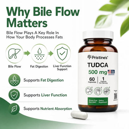 PRISTINE'S TUDCA 500mg Liver & Bile Flow Support Capsules, 60 Day Supply | Tauroursodeoxycholic acid formula for liver, bile flow and digestive support. Vegan, non-GMO, gluten-free glass bottle