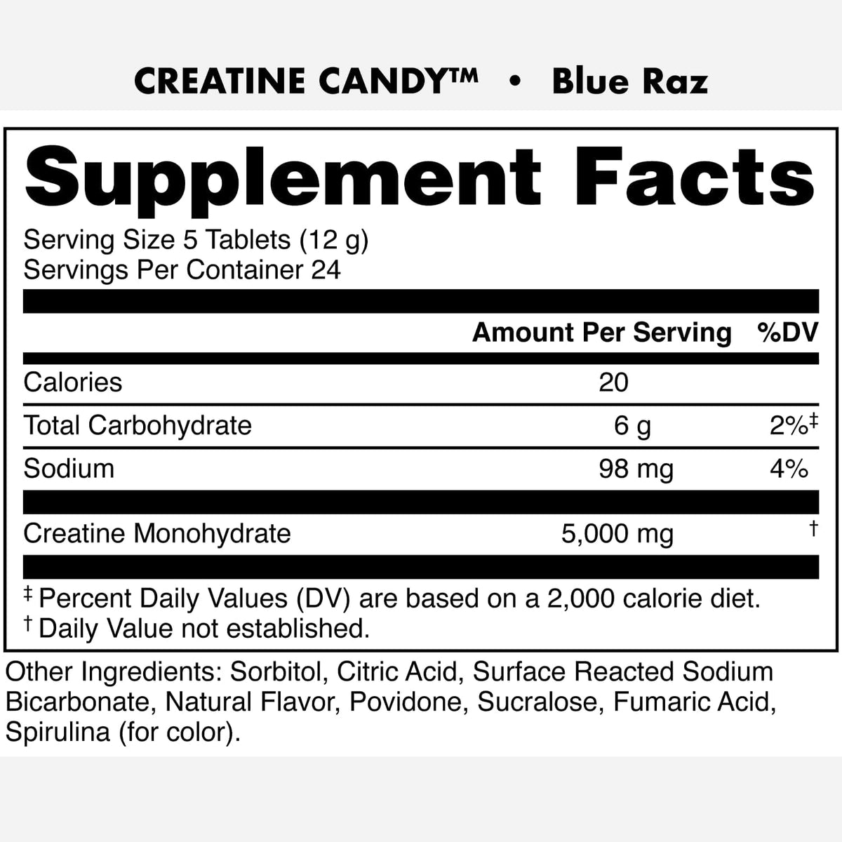 Bucked Up Creatine Candy Blue Raz | Micronized Creatine Monohydrate | 120 Chewable Tablets, 24 Servings | Fizzy Creatine No Water Needed | Non GMO Gluten Free Third Party Tested