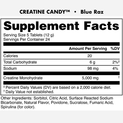 Bucked Up Creatine Candy Blue Raz | Micronized Creatine Monohydrate | 120 Chewable Tablets, 24 Servings | Fizzy Creatine No Water Needed | Non GMO Gluten Free Third Party Tested