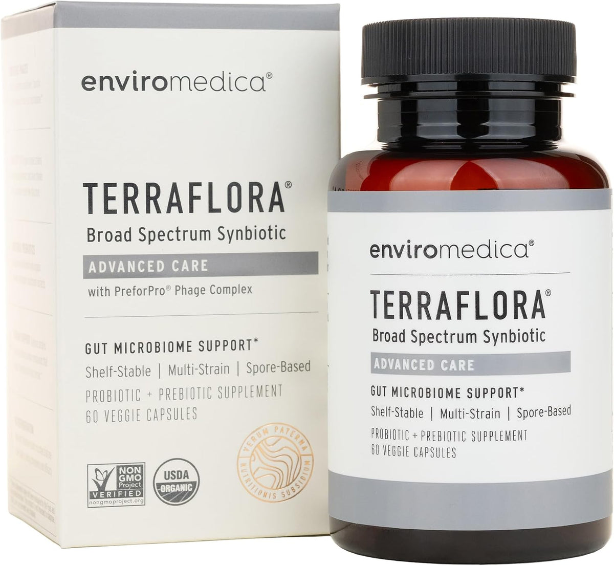 Terraflora Advanced Care Synbiotic, SBO Spore Probiotic, Gut, 60 Ct | Soil-based spore probiotics & prebiotics with Bacillus coagulans & subtilis. Digestive & gut health, vegan. 60 caps.