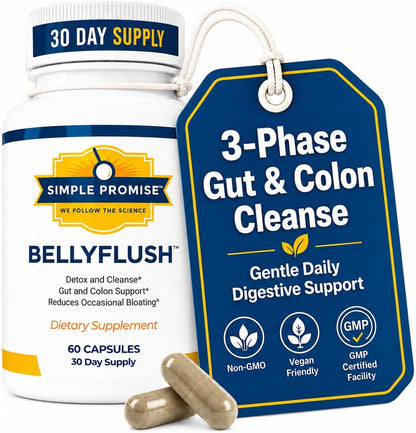 BellyFlush - Gut & Colon Cleanse Capsules For Adults - Bentonite Clay | 3-Phase Gentle Cleanse, Constipation & Bloating Relief, Milk Thistle Blend, Simple 2-Capsule Routine, Non-GMO