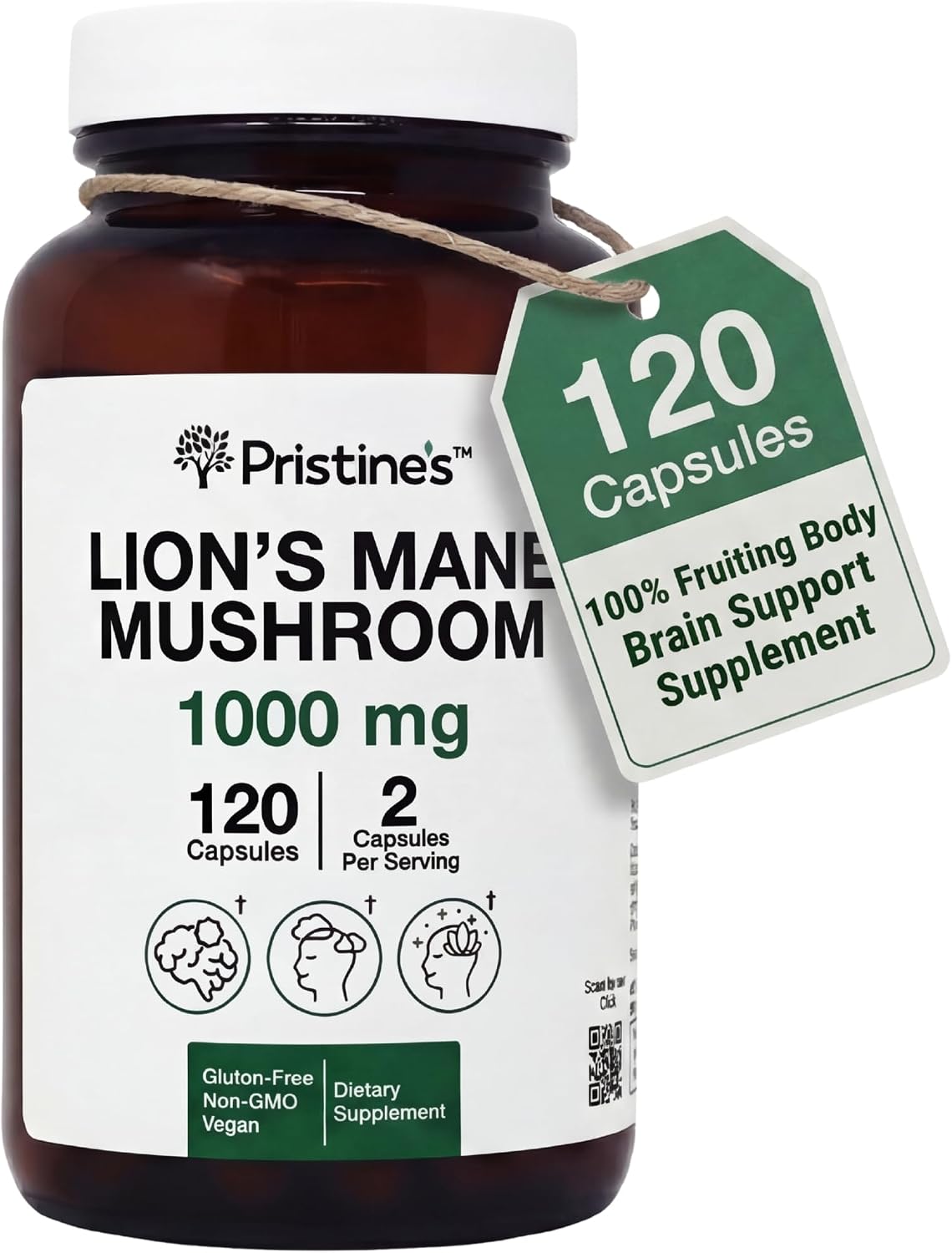 PRISTINE'S Lion's Mane 1000mg Mushroom Capsules, Fruiting Body, Vegan | Focus, memory and brain health support from lion's mane fruiting body. 60 day supply, vegan, non-GMO, gluten-free