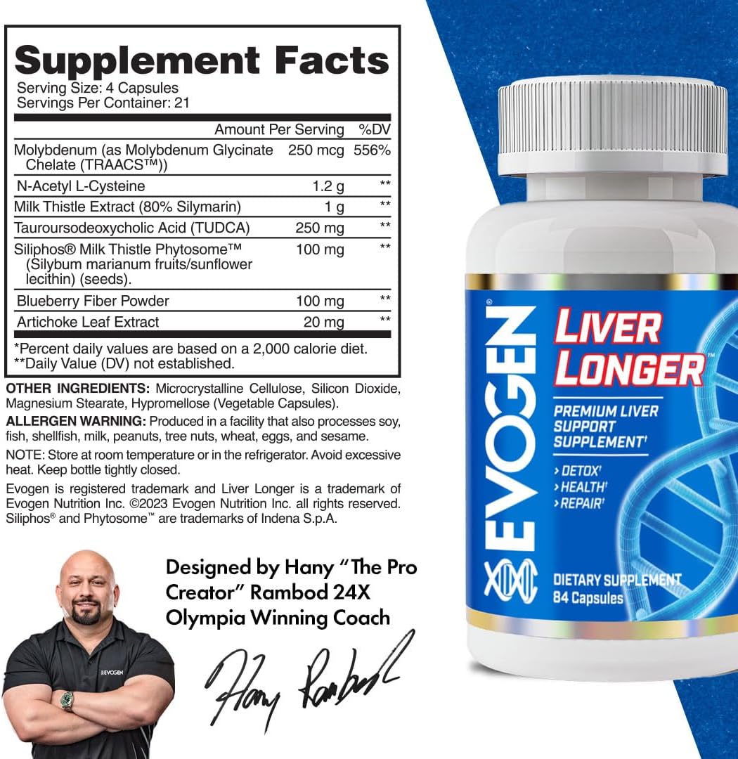 Evogen Liver Longer Liver Support | 84 Capsules | N-acetyl L-cysteine, milk thistle, TUDCA and Siliphos phytosome for detox, repair and regeneration
