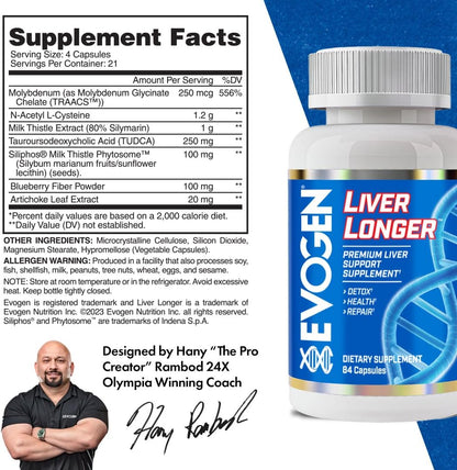 Evogen Liver Longer Liver Support | 84 Capsules | N-acetyl L-cysteine, milk thistle, TUDCA and Siliphos phytosome for detox, repair and regeneration