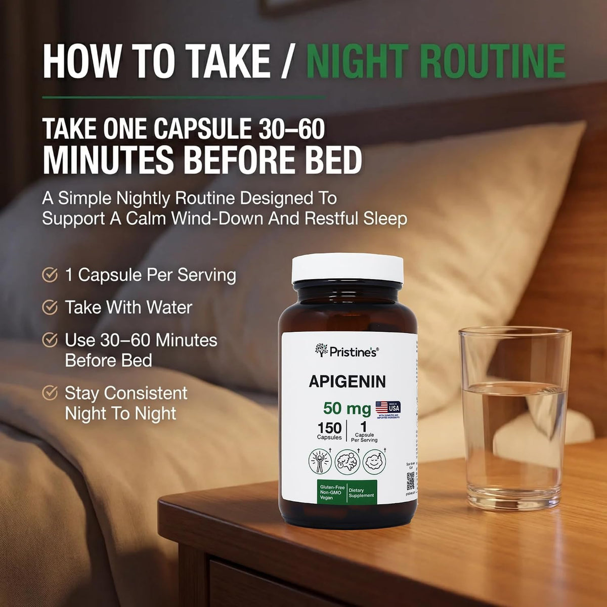 PRISTINE'S Apigenin 50mg Sleep Support Capsules, Vegan, 150 Day Supply | Evening relaxation and calm support in a simple one-capsule routine. 150 day supply, vegan, non-GMO, gluten-free