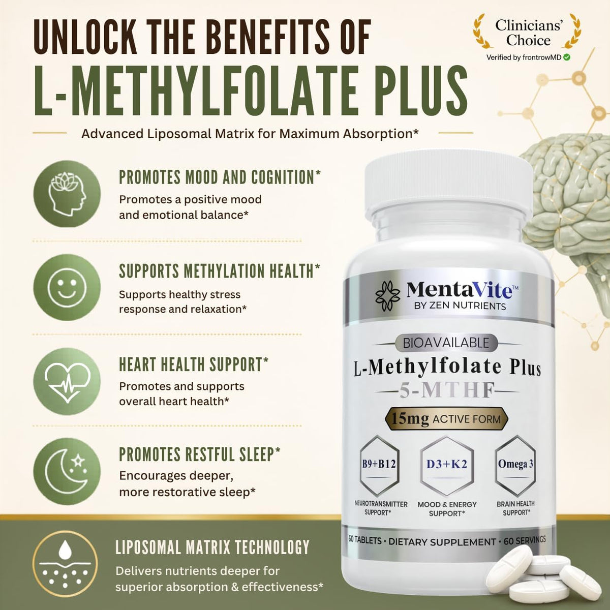 L-Methylfolate 15 mg Liposomal Matrix - Active 5-MTHF with Methylcobalamin (B12), B9, Omega 3, D3 + K2 - Methyl Folate Supplement Supports Mood, Methylation, Cognition, Vegan, 60 Tablets/Servings