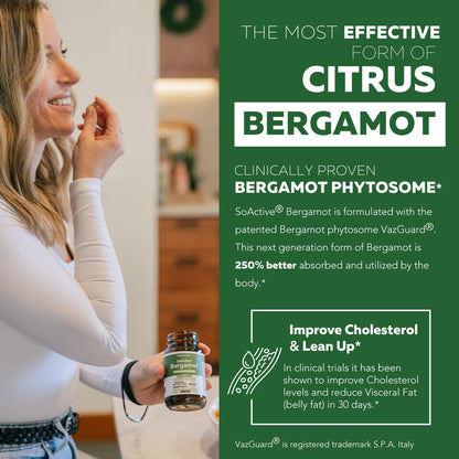 SoActive Bergamot: 2.5X More Effective, Italian Citrus Bergamot Phytosome - Clinically Validated | Enhanced with Grape Seed Extract - Supports Cholesterol & Weight Management (60 Capsules)
