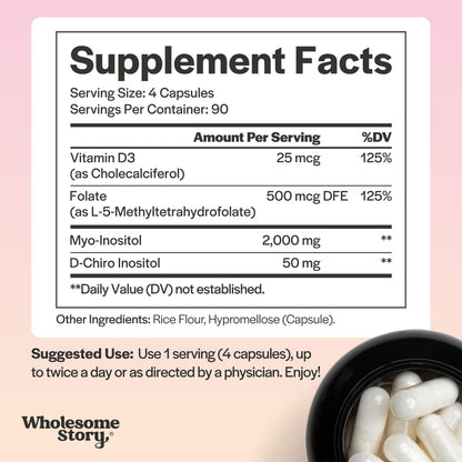 Myo-Inositol & D-Chiro Inositol Capsules with MTHF, Folate, Vitamin D| Support for Ovarian Function, Hormone Balance, & Homocysteine Levels | Fertility Supplements for Women | 40:1 Ratio