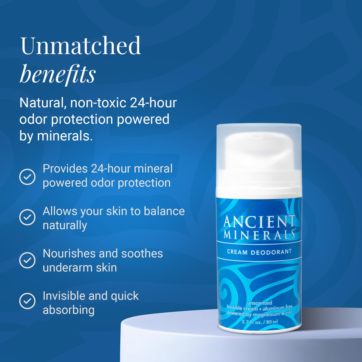 Ancient Minerals Deodorant Cream, Aluminum-Free, Eucalyptus & Mint, 2oz | Magnesium, zinc & vitamin E. Vegan, 24-hour odor protection, Eucalyptus & Mint scent. 2 oz.