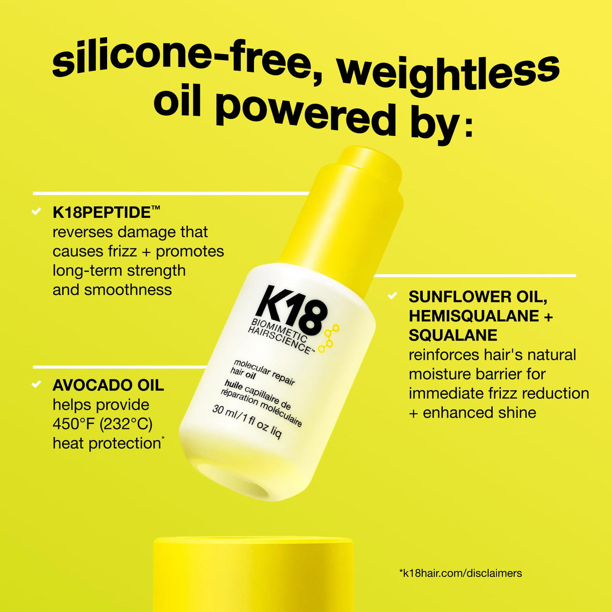 K18 Molecular Repair Hair Oil, Weightless Oil for Stronger, Healthier Hair, Suitable For All Hair Types